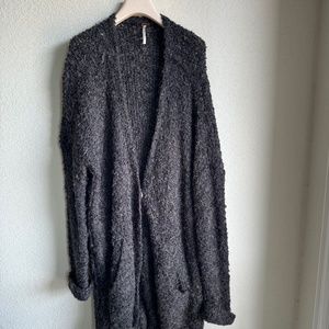Free People Grey Alpaca Wool Cozy V-Neck Button Down Cardigan Sweater w/ Pockets